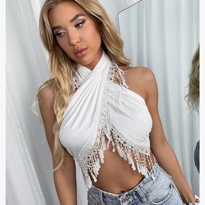 Women's Sexy Fringe Crisscross Halter Crop Tank Top Backless Camisole